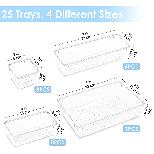25 PCS Clear Plastic Drawer Organizers Set, Vtopmart 4-Size Versatile Bathroom and Vanity Drawer Organizer Trays, Storage Bins for Makeup, Jewelries, Kitchen Utensils and Office - Deborah Elizabeth Beauty