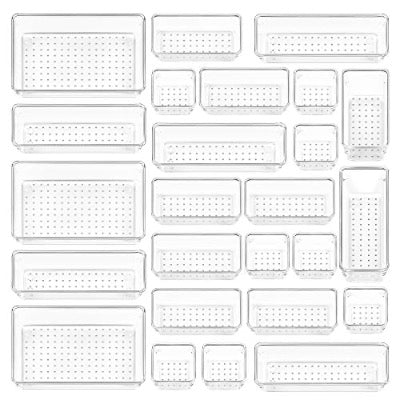 25 PCS Clear Plastic Drawer Organizers Set, Vtopmart 4-Size Versatile Bathroom and Vanity Drawer Organizer Trays, Storage Bins for Makeup, Jewelries, Kitchen Utensils and Office - Deborah Elizabeth Beauty