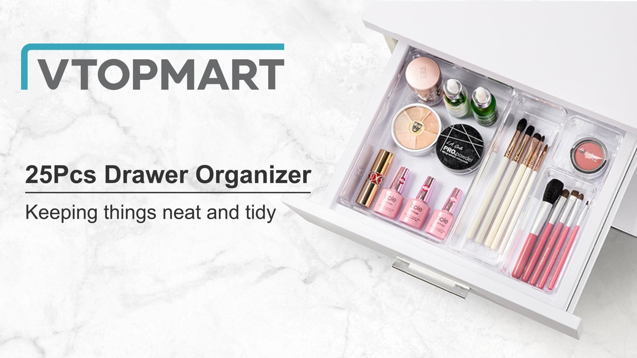 25 PCS Clear Plastic Drawer Organizers Set, Vtopmart 4-Size Versatile Bathroom and Vanity Drawer Organizer Trays, Storage Bins for Makeup, Jewelries, Kitchen Utensils and Office - Deborah Elizabeth Beauty