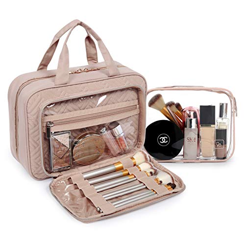 BAGSMART Toiletry Bag Hanging Travel Makeup Organizer with TSA Approved Transparent Cosmetic Bag Makeup Bag for Full Sized Toiletries, Medium-Pink - Deborah Elizabeth Beauty