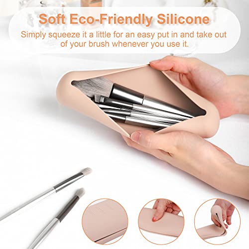 FERYES Travel Makeup Brush Holder, Silicon Trendy and Portable Cosmetic Face Brushes Holder, Soft and Sleek Makeup Tools Organizer for Travel-Khaki - Deborah Elizabeth Beauty